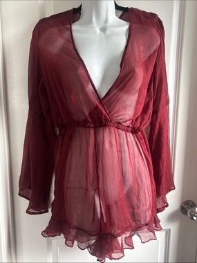 Alluring Sheer Burgundy Deep V Romper Swimsuit Cover